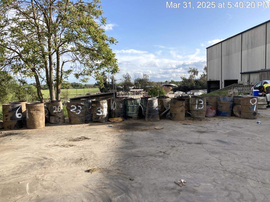 Barrels allegedly containing powdered aluminum and magnesium sit at a waste facility in Riverbank, CA on March 27, 2025