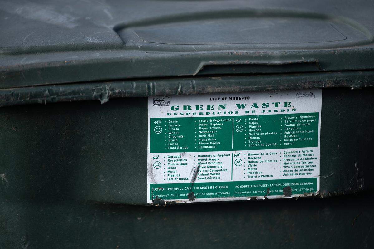 Green waste can in Modesto, Calif., Thursday, Dec. 22, 2022.