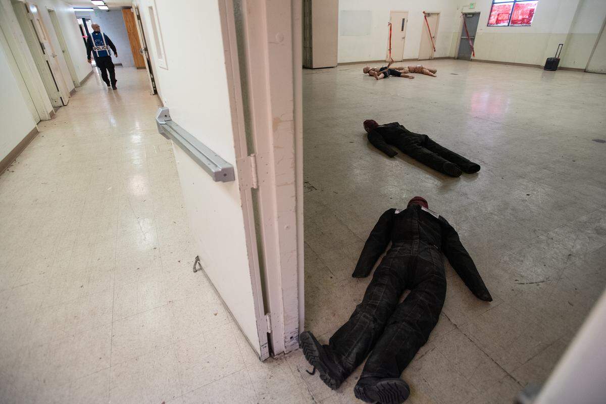 Modesto Police officers conduct active shooter training in Modesto, Calif., Wednesday, Feb. 15, 2023.