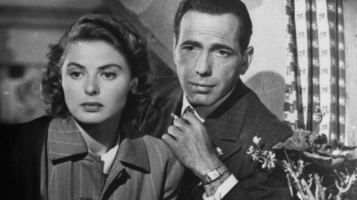 Humphrey Bogart and Ingrid Bergman are shown in the 1943 film “Casablanca.”