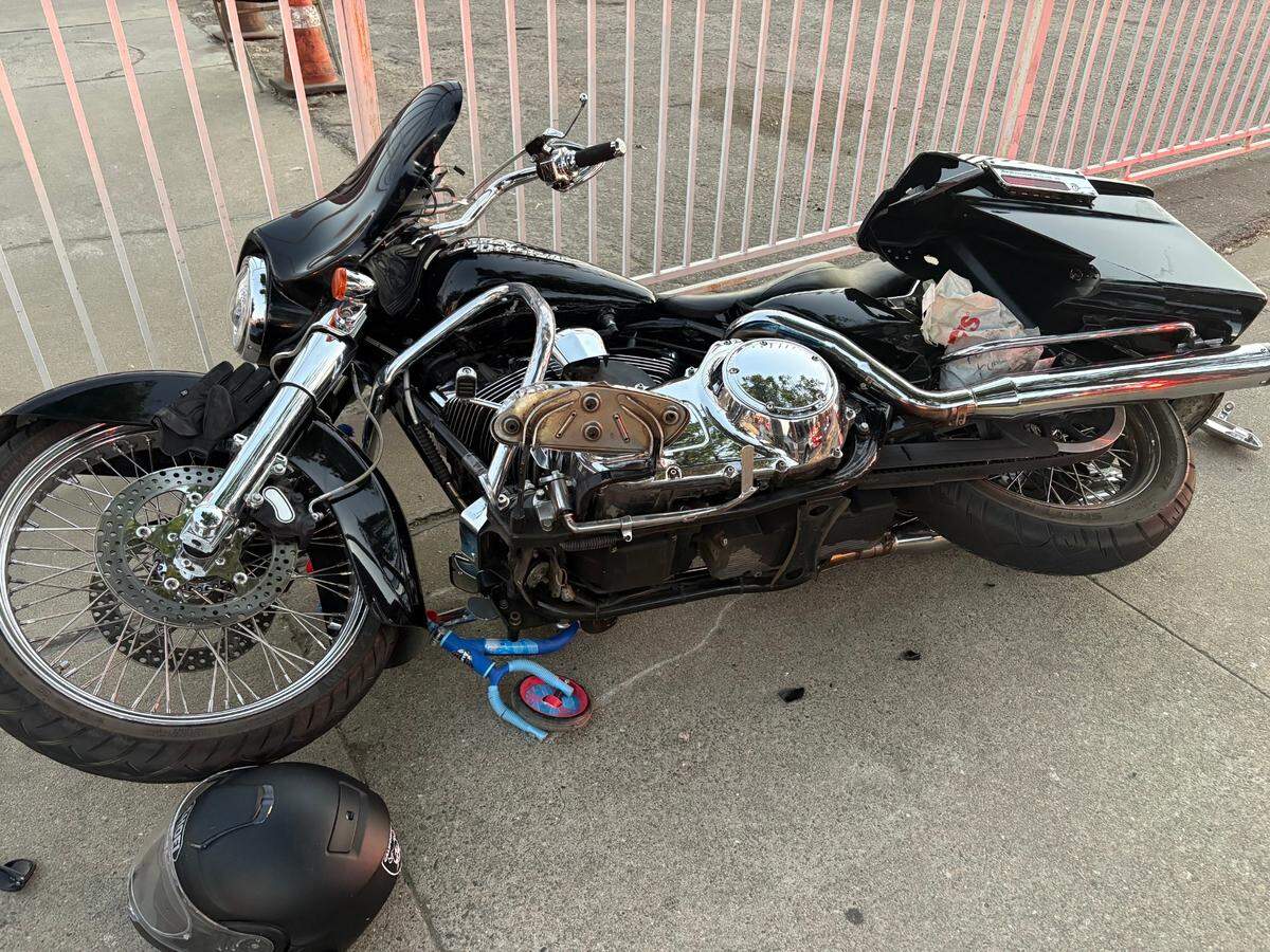 The scene of a motorcycle crash that resulted in the destruction of a child’s scooter on 5th and I Streets in Modesto, California on Thursday, July 17, 2025.