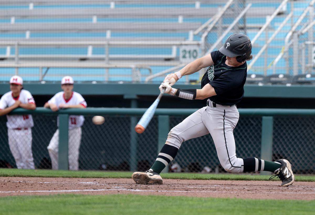 Pitman’s Nolan Walker singles during the Central California Athletic League game with Modesto at John Thurman Field in Modesto on  Monday, March 30, 2026. 