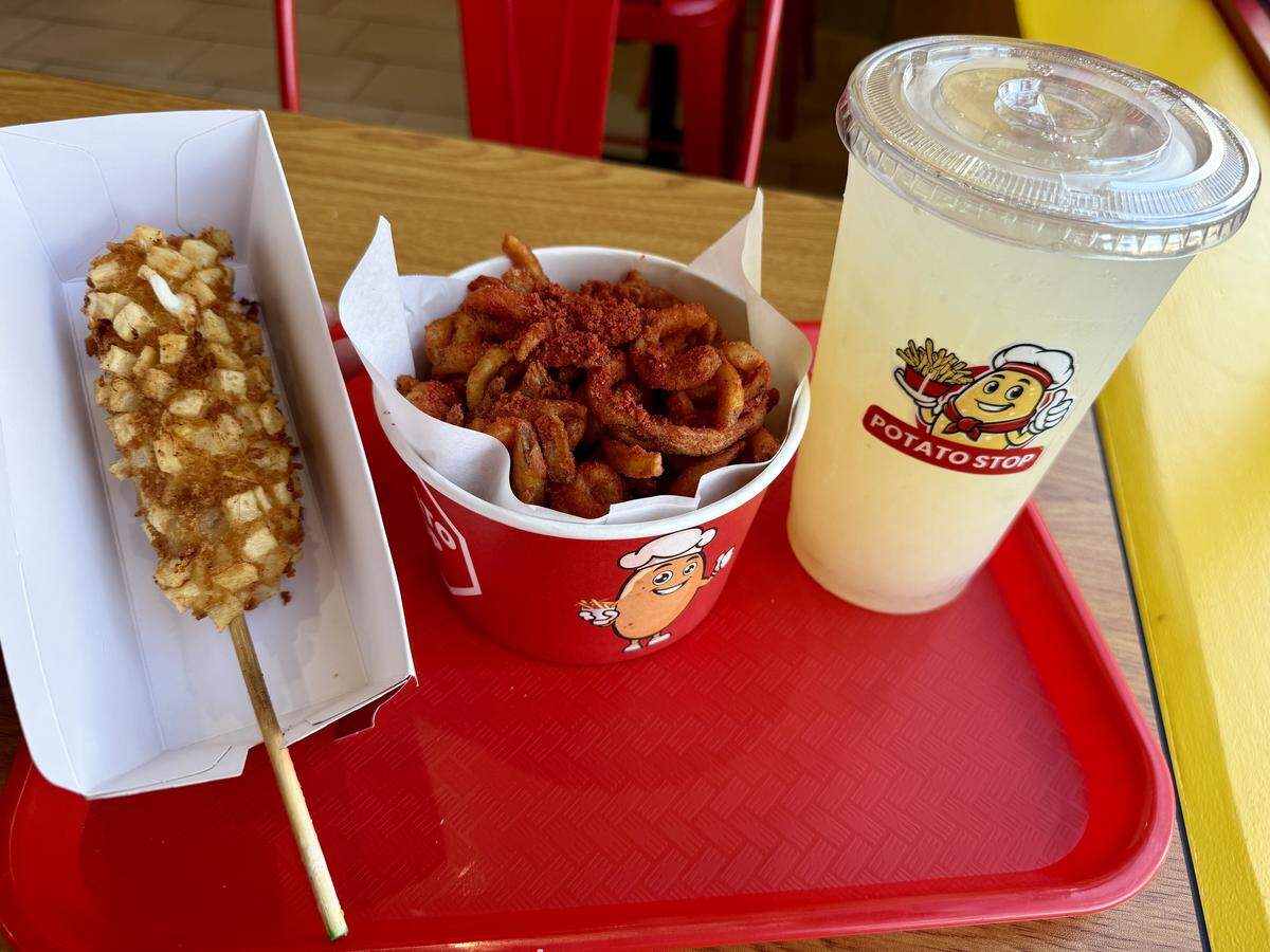 Vintage Faire Mall’s newest eatery, Potato Stop, serves Korean-style corn dogs, flavored fries, chicken and drinks.