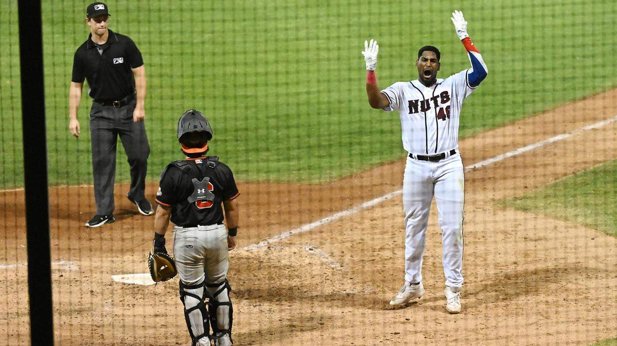 Modesto Nuts’ Lazaro Montes ties the game with a home run in the bottom of the ninth inning during  the California League playoff game with San Jose at John Thurman Field in Modesto, Calif., Tuesday, September 12, 2023. 