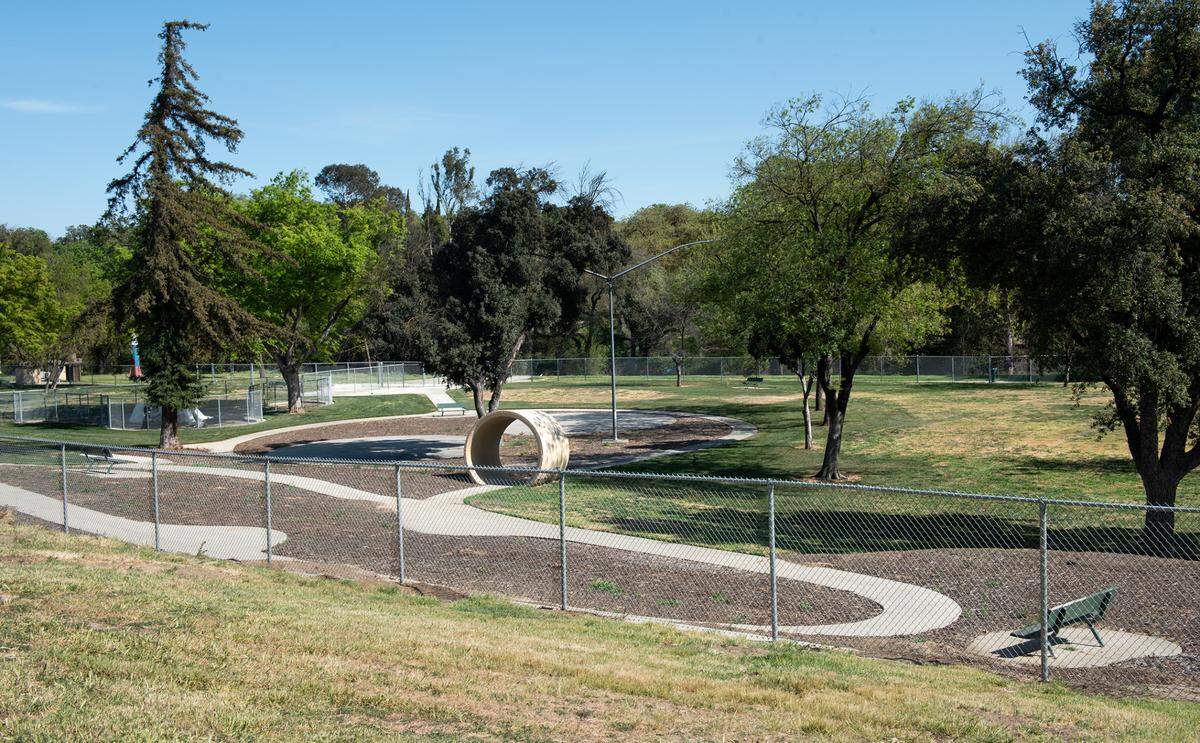 The dog park at Beard Brook Park was never opened. Photographed in Modesto, Calif., on Wednesday, March 16, 2022. The city of Modesto is working on a land swap with Gallo Winery. The city would trade the 12-acre Beard Brook Park for a 12-acre, half-mile strip of open land Gallo owns along the Tuolumne River between Dry Creek and Santa Cruz Avenue.