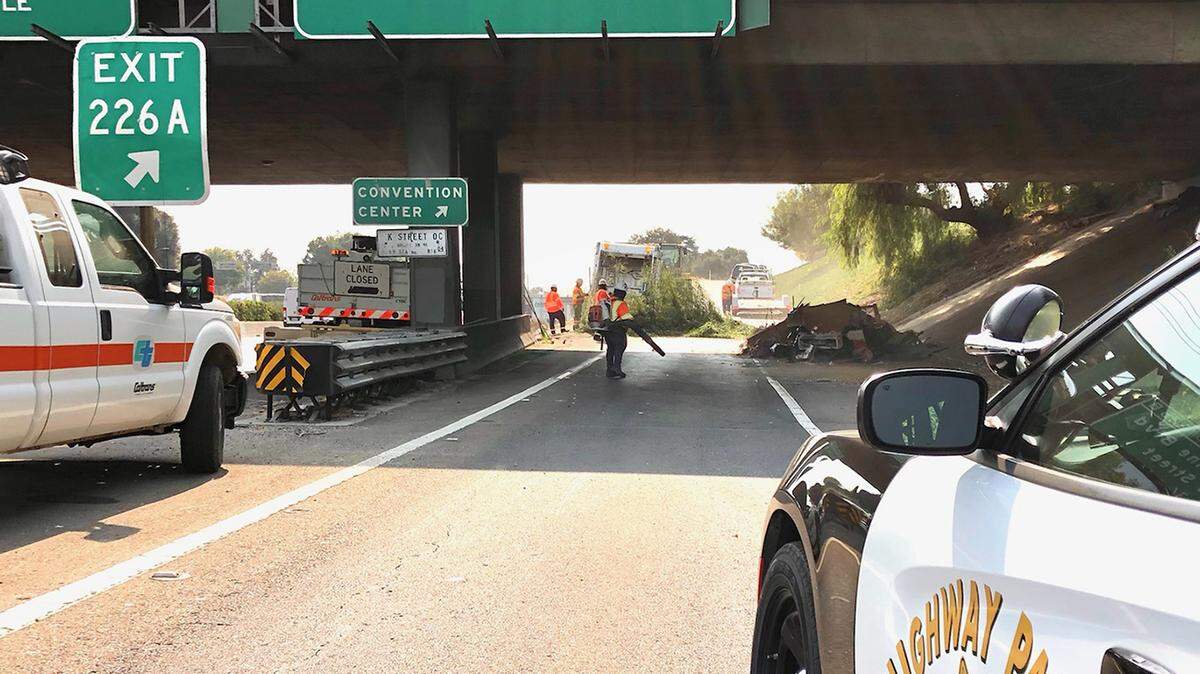 A cleanup is removing debris and litter from a section of Highway 99 in central Modesto.