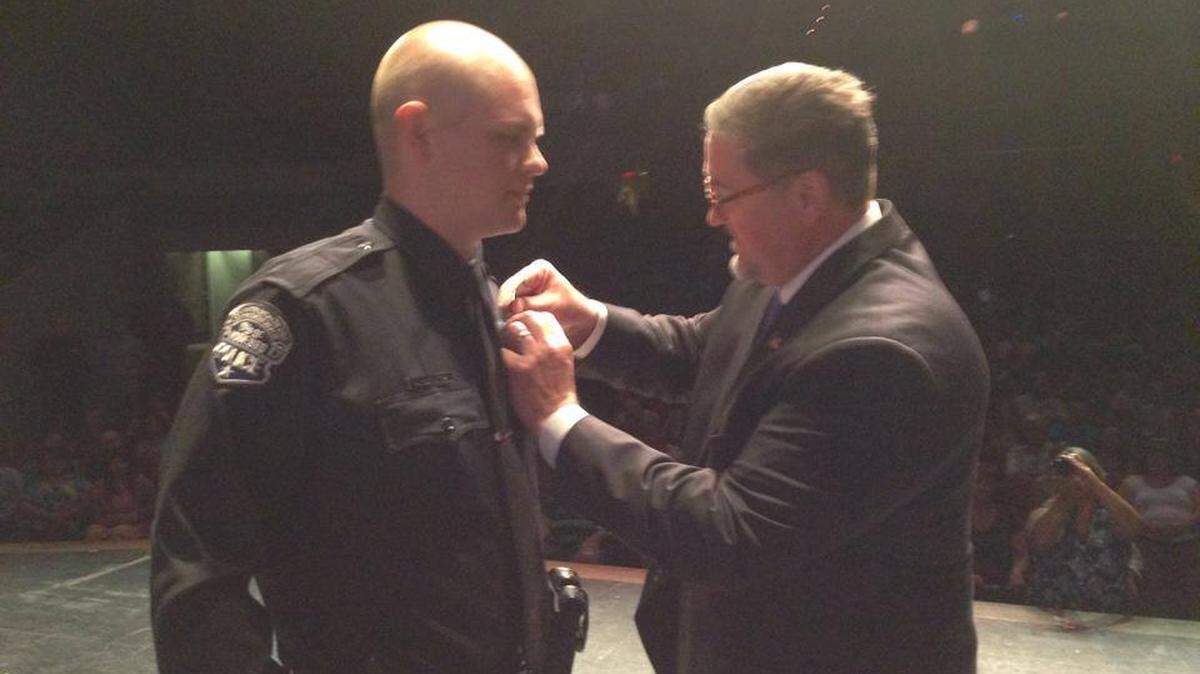 On Aug. 16, 2014, Michael Rokaitis became Modesto’s newest police officer. He graduated from Delta College’s Police Academy that morning and his badge was pinned by his father, Modesto Police Detective Jim Rokaitis.