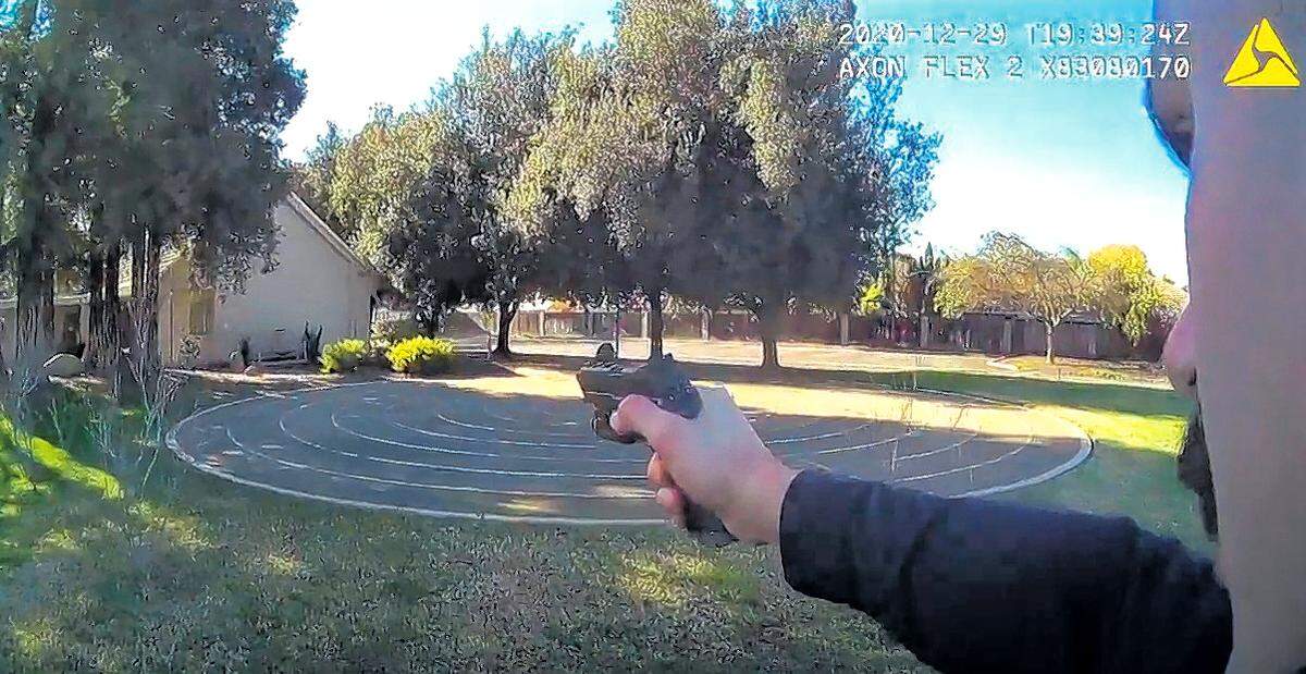 Screen shot bodycam video from Modesto Police Department officer Joseph Lamantia, who shot and killed an unarmed Trevor Seever in west Modesto, California, on Dec. 29, 2020.