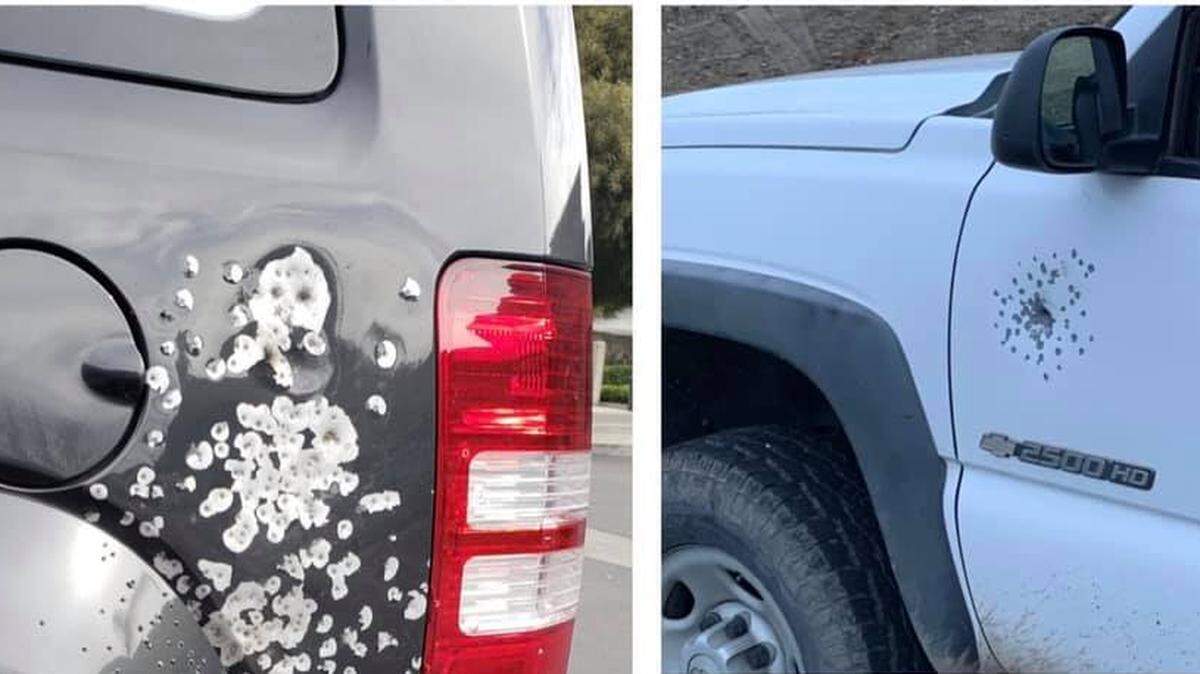 Shotgun blast damage to vehicles shot at in the River Road area south of Escalon