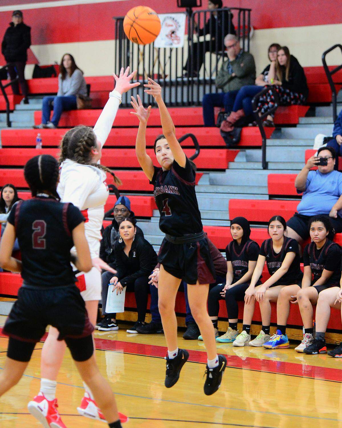 Riverbank’s Alexis Felix (4) shots a three during a game between Ripon High School and Riverbank High School at Ripon High School in Ripon California on January 5, 2023.
