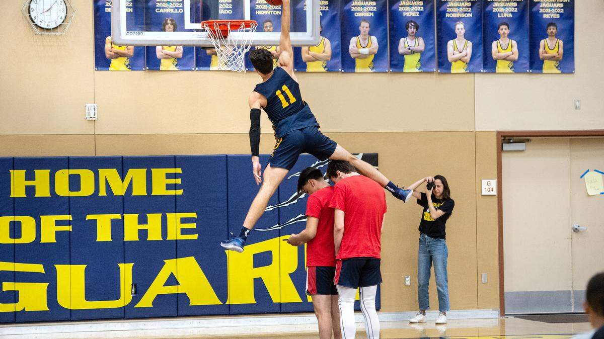 Gregory’s Kyle Monk competes in the slam-dunk contest before the Six-County Senior All-Star Basketball Game at Gregori High School in Salida, Friday, May 6, 2022.