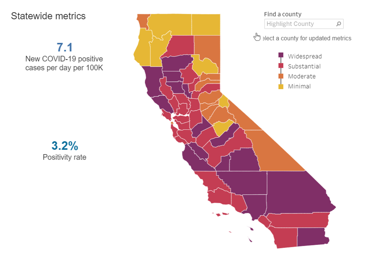 Here is the California coronavirus reopening tier map through Tuesday, Oct. 6, 2020. Stanislaus County is in the purple tier, surrounded by counties in the higher red, orange and yellow tiers.