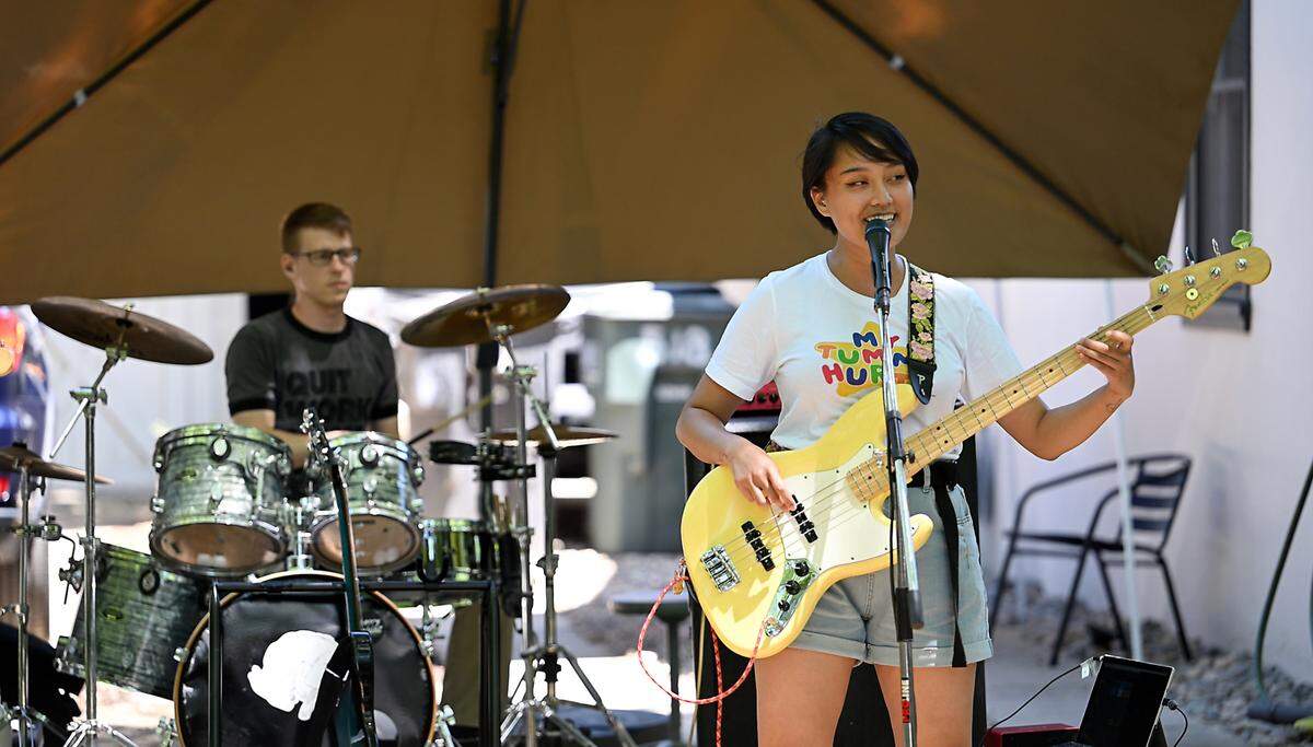 Ciara Williams, right, and Westly Williams of Sorry Machine perform during Modesto Porchfest in Modesto, Calif., Sunday, May 21, 2023.