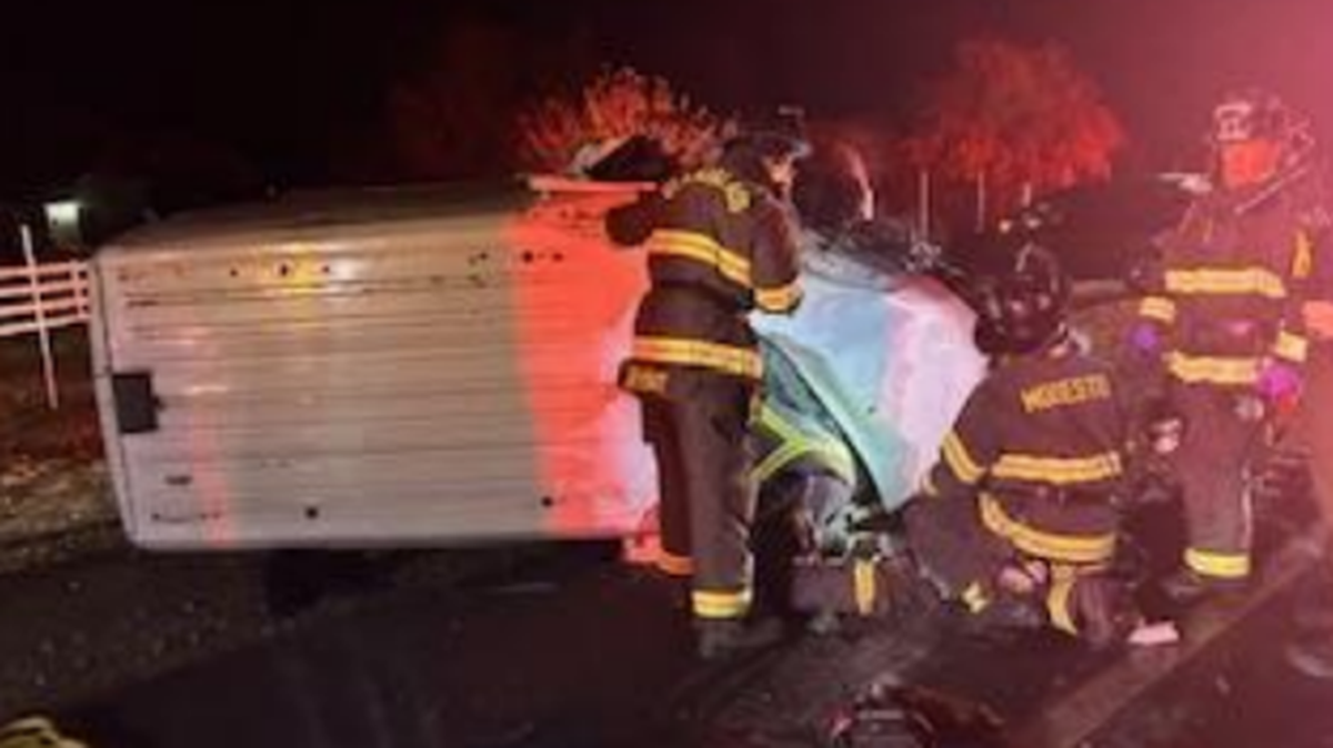 Firefighters from the Modesto Fire Department arrive at the scene of a fatal head-on collision on Highway 108 near Riverbank on Nov. 11, 2024