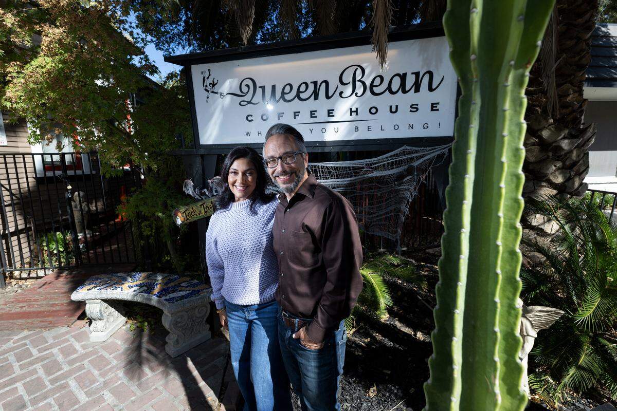 Owners Ruhi Sheikh and Sam Pierstorff at Queen Bean Coffee & Social House in Modesto, Tuesday, Oct. 22, 2024.