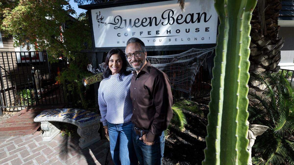 Owners Ruhi Sheikh and Sam Pierstorff at Queen Bean Coffee & Social House in Modesto, Tuesday, Oct. 22, 2024.