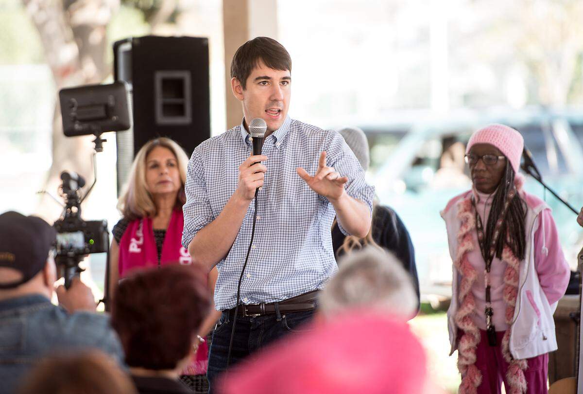 Congressman Josh Harder speaks at Graceada Park after the Modesto Women’s March in Modesto, Calif., Saturday, Jan. 19, 2019.