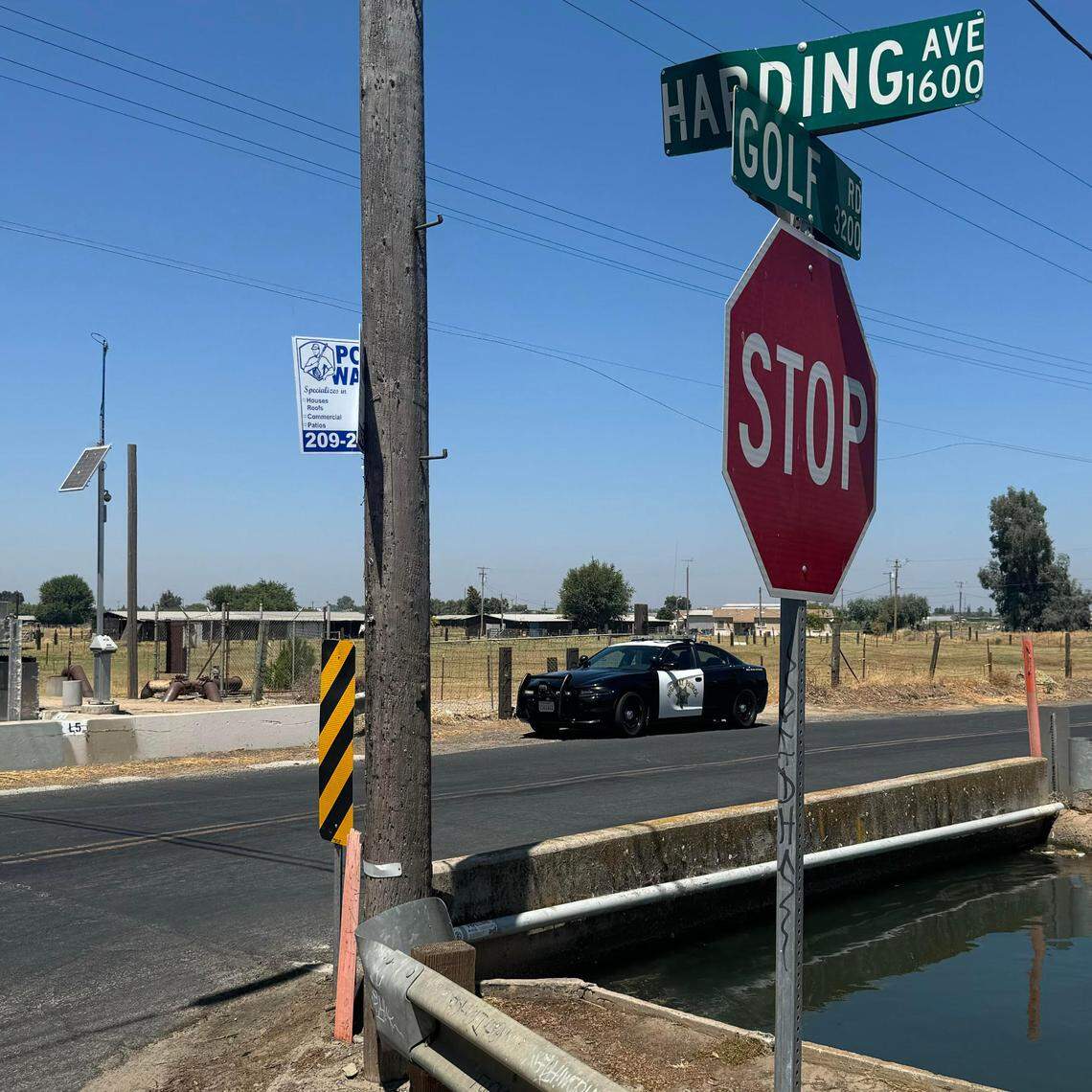 California Highway Patrol officers respond to a fatal collision at the intersection of Harding Avenue and Golf Road near Turlock on Friday, Aug. 9, 2024.
