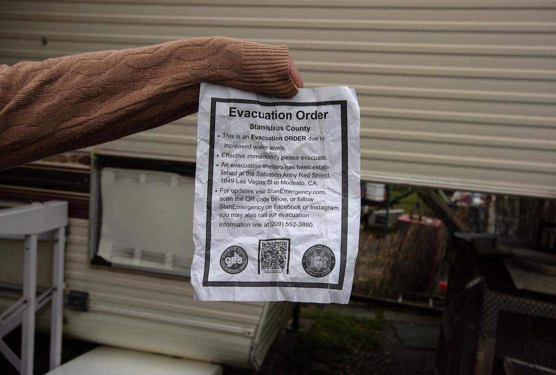 Stanislaus County Office of Emergency Services gave residents living along the Tuolumne River an evacuation order due to potential flooding in Modesto, Calif., Friday, March 10, 2023. The RV park is sits on the Tuolumne River which is expected to rise to 54 feet overnight. Flood stage is at 55 feet along that section of the Tuolumne.