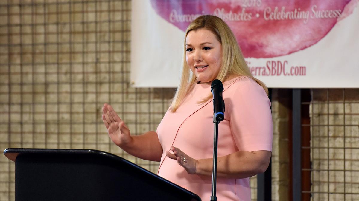 SaveMart CEO Nicole Pesco gives the keynote address at the Business Women’s Symposium at Greens On Tenth in downtown Modesto, Calif. on Thursday November 1, 2018.