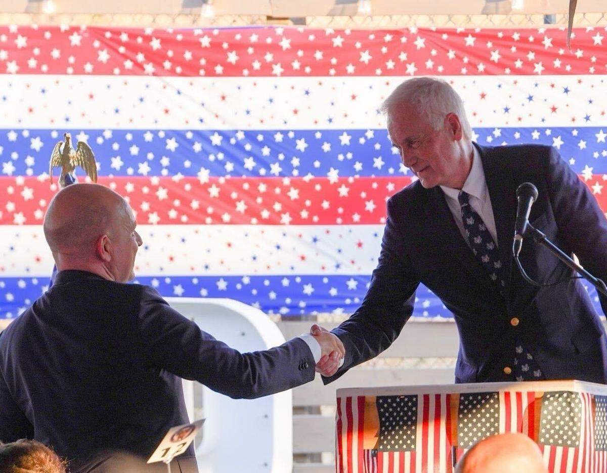Rep. Tom McClintock, right, greets Republican gubernatorial candidate Steve Hilton at a GOP fundraiser in Modesto on Friday night, May 30, 2025.