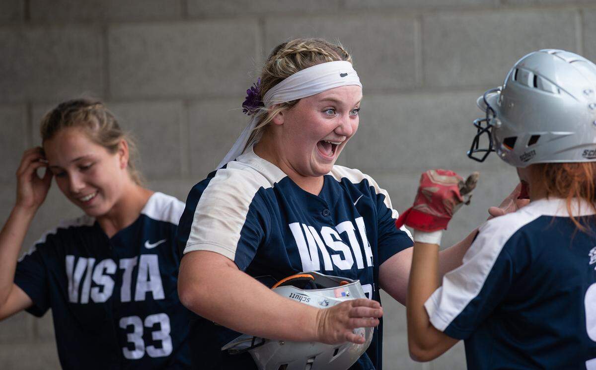 Vista del Lago’s Morgan Sweet, middle, put the Eagles up 4-1 with a three-run homer in the third inning during the CIF Sac-Joaquin Section Division III softball championship game with Central Catholic at Delta College in Stockton, Calif., on Saturday, May 28, 2022.