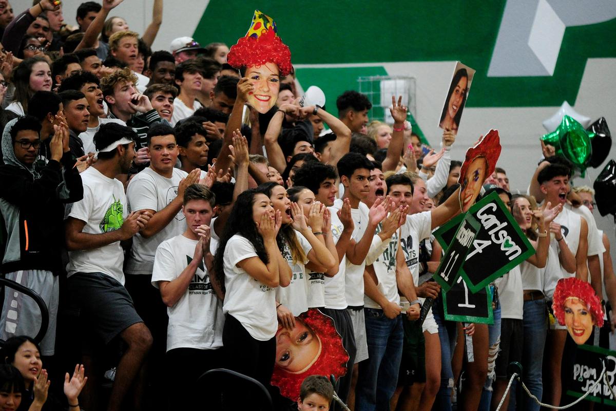Pitman’s spirit section brought the noise, during the senior night, crosstown volleyball matchup of Turlock High at Pitman High, on Monday, Oct., 15 in Turlock, California.