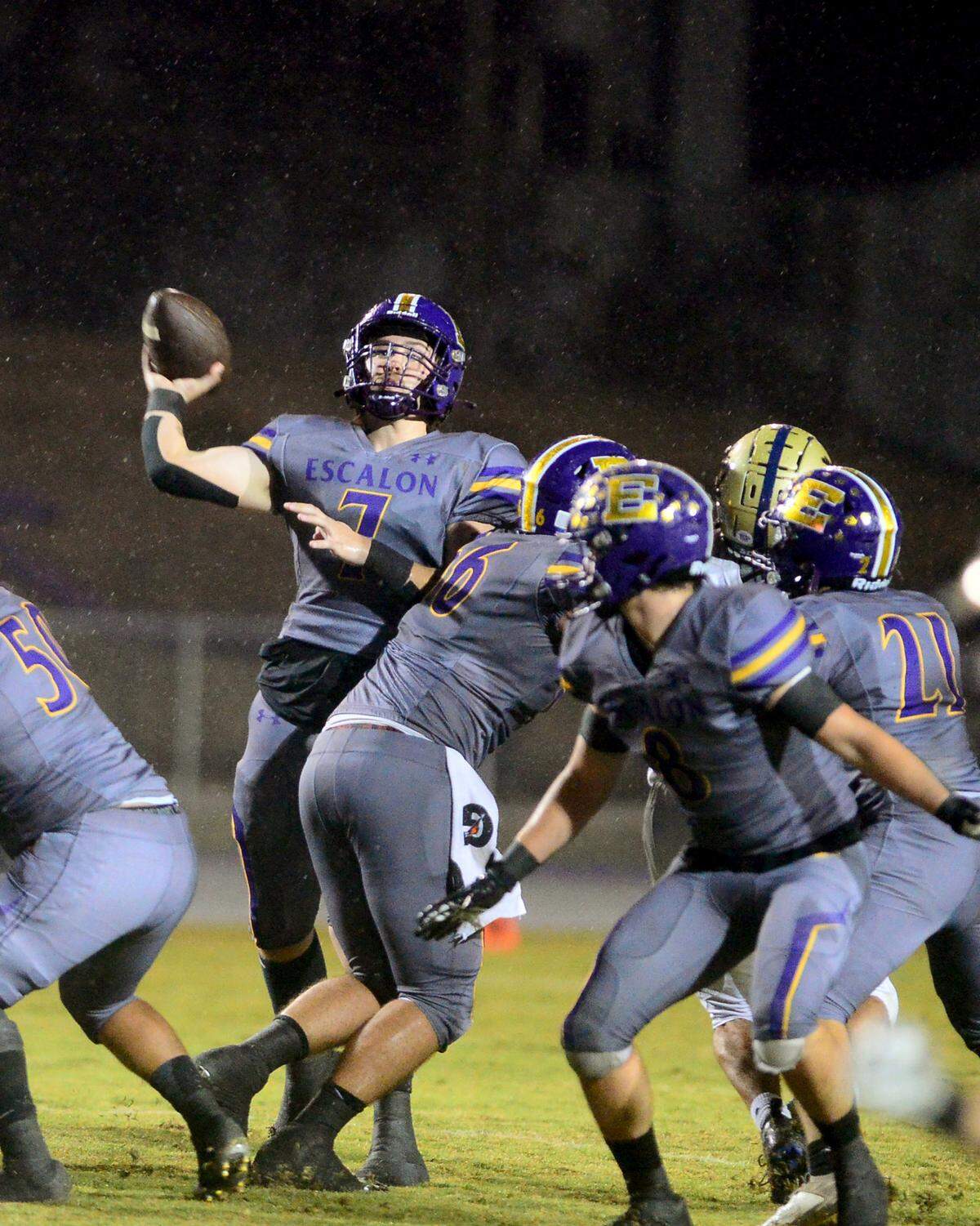 Escalon quarterback Donovan Rozevink (7) throws the ball to the end zone during a 2023 CIF San Joaquin Section Division IV football game between Escalon and West Park at Escalon High School in Escalon, California, on Nov. 17, 2023. Escalon won the game 48-28.