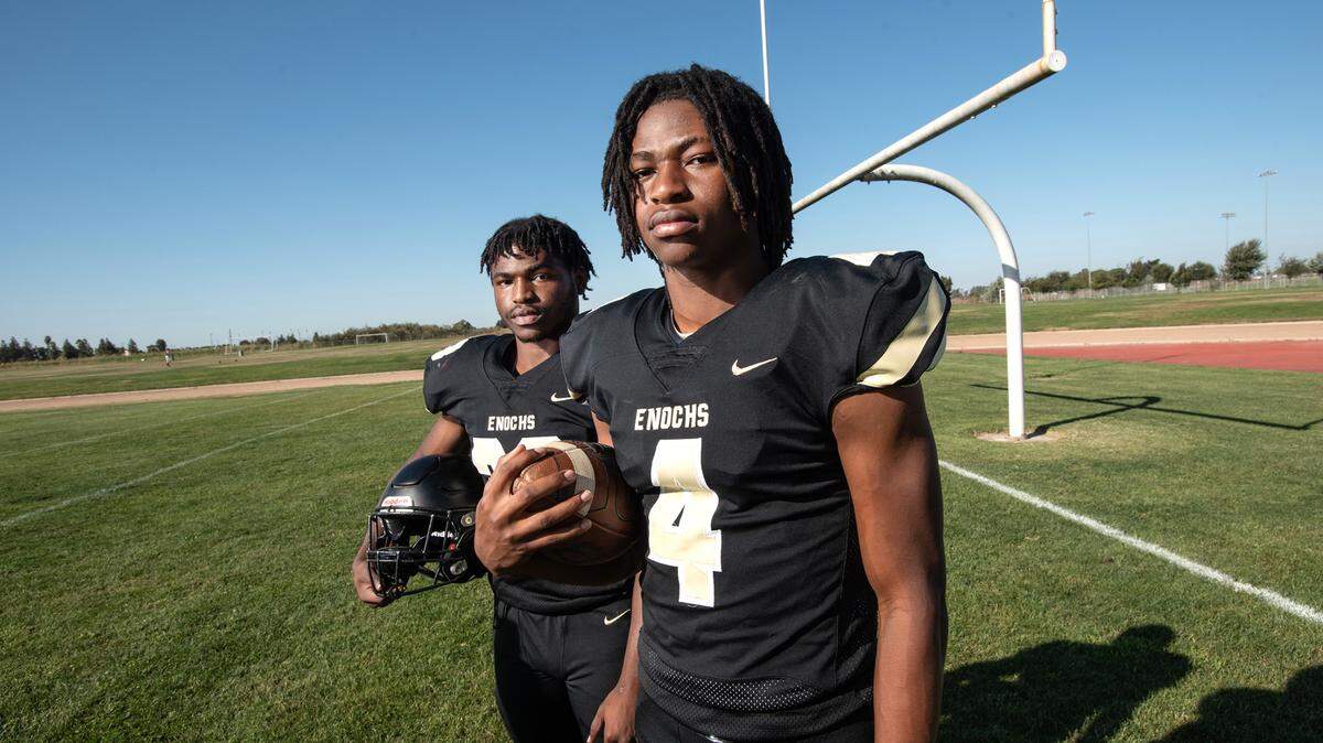 Brothers Kolawole Babalola (Kola), right, and Abayomi (Yomi) Babalola have led the Eagles to a 4-0 record heading into league competition. Photographed at Enochs High School in Modesto, Calif., on Wednesday, Sept. 29, 2021.