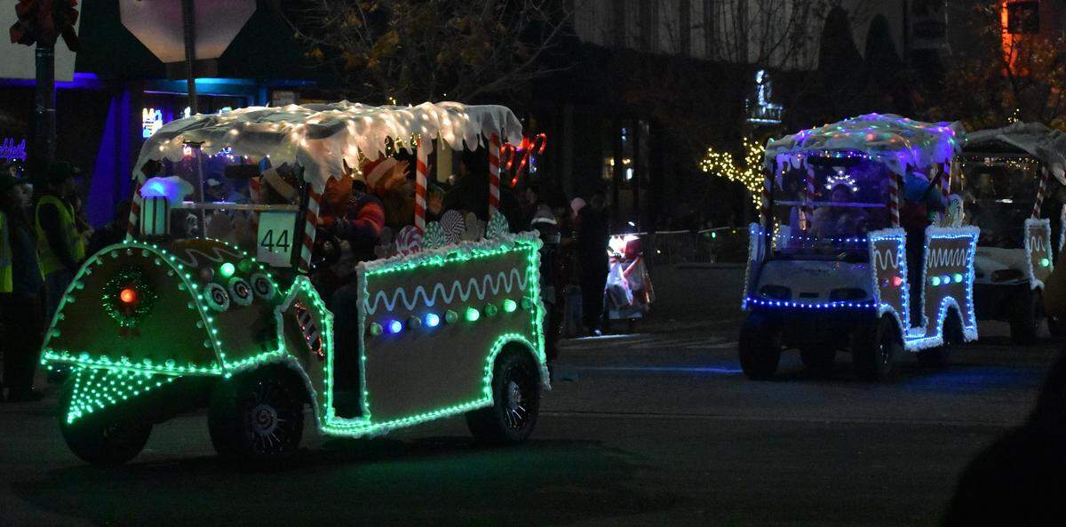 The Celebration of Lights Parade made its way along the streets of downtown Modesto on Saturday night, Dec. 2, 2023, to the theme Toys, Trains and Candy Canes.