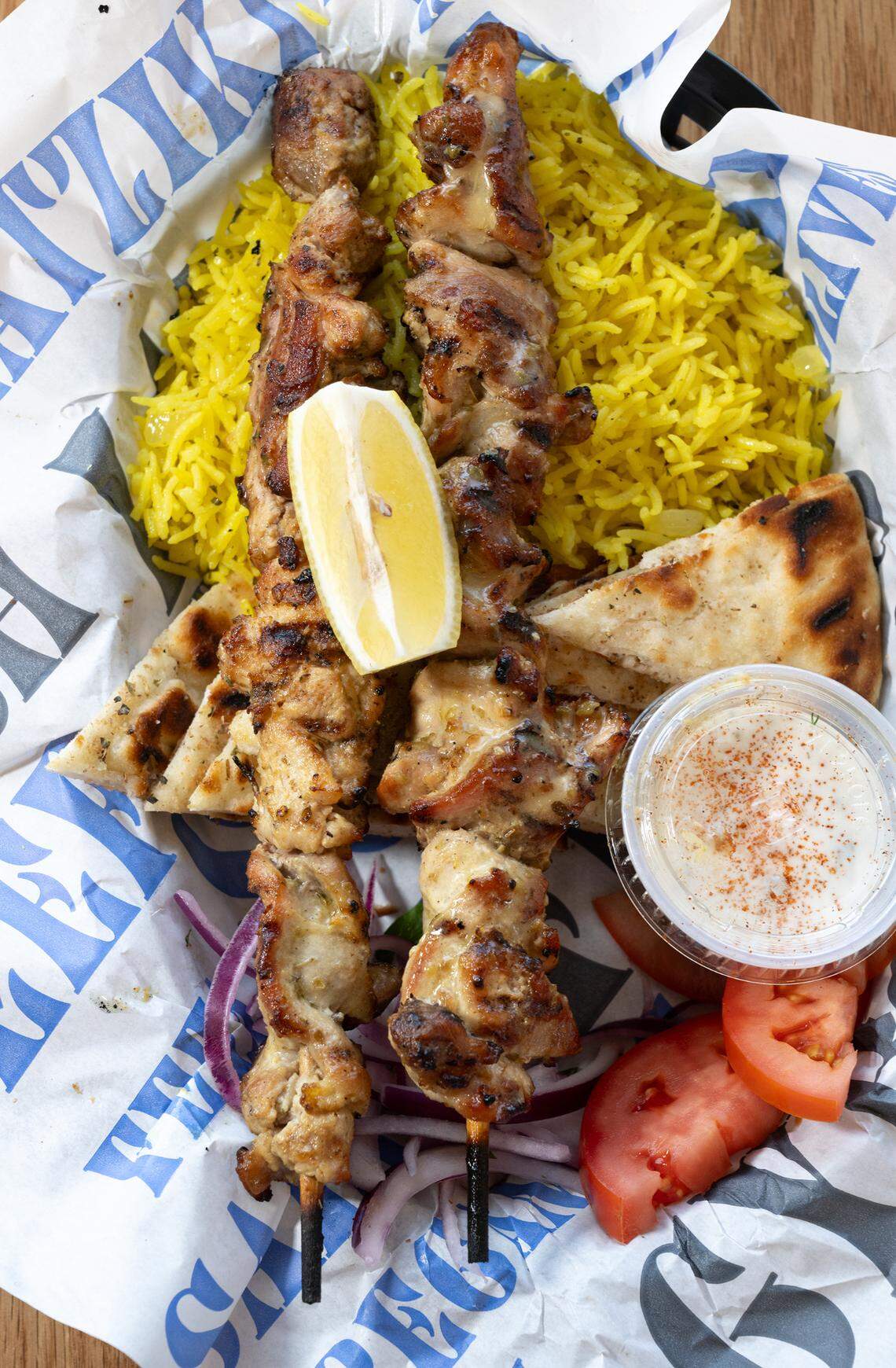 Chicken Souvlaki plate at Nick the Greek restaurant in Riverbank, Calif., Tuesday, September 12, 2023.
