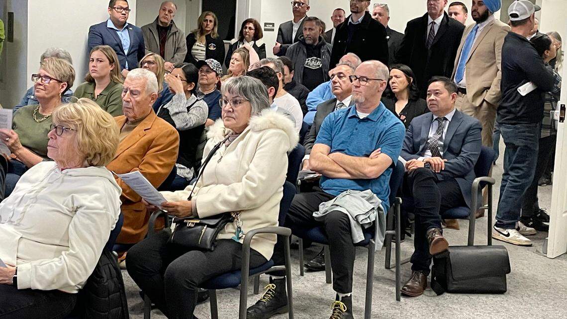 An overflow crowd protests a plan to house 84 mentally ill people to the City Council in Turlock CA on Feb. 13, 2024.