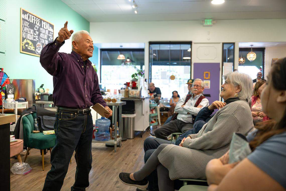 Author David Mas Masumoto talks about his book “Secret Harvests” during the first meeting of The Modesto Bee book club at Bookish bookstore in Modesto on Tuesday, April 21, 2026.