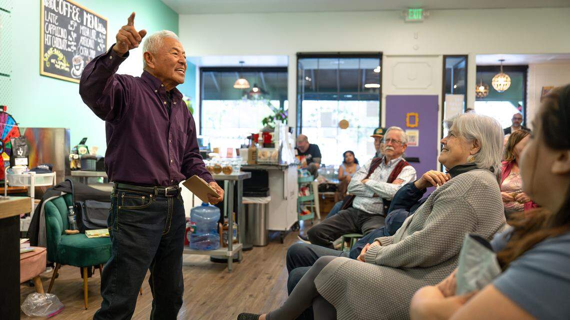Author David Mas Masumoto talks about his book “Secret Harvests” during the first meeting of The Modesto Bee book club at Bookish bookstore in Modesto on Tuesday, April 21, 2026.