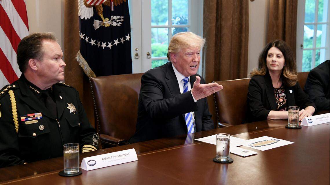 U.S. President Donald Trump speaks during a meeting with California leaders and public officials who oppose California's sanctuary policies in the Cabinet Room of the White House May 16, 2018 in Washington, DC.