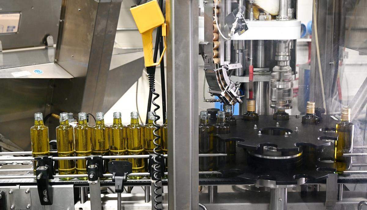Bottles of olive oil are being capped at Sciabica’s facility in Modesto, Calif., Friday, June 28, 2024.