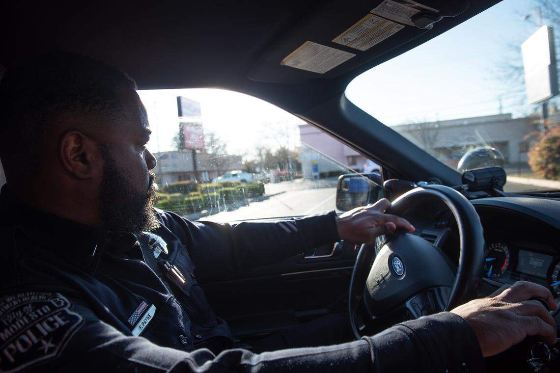 Modesto Police Lieutenant Felton Payne outside the Modesto Police Department in Modesto, Calif., on Friday, Feb. 25, 2022. Payne now is working a graveyard shift as a watch commander. The position mostly involves office work but his goal is to remain connected with the officers on the street by getting out there with them a few times each week.