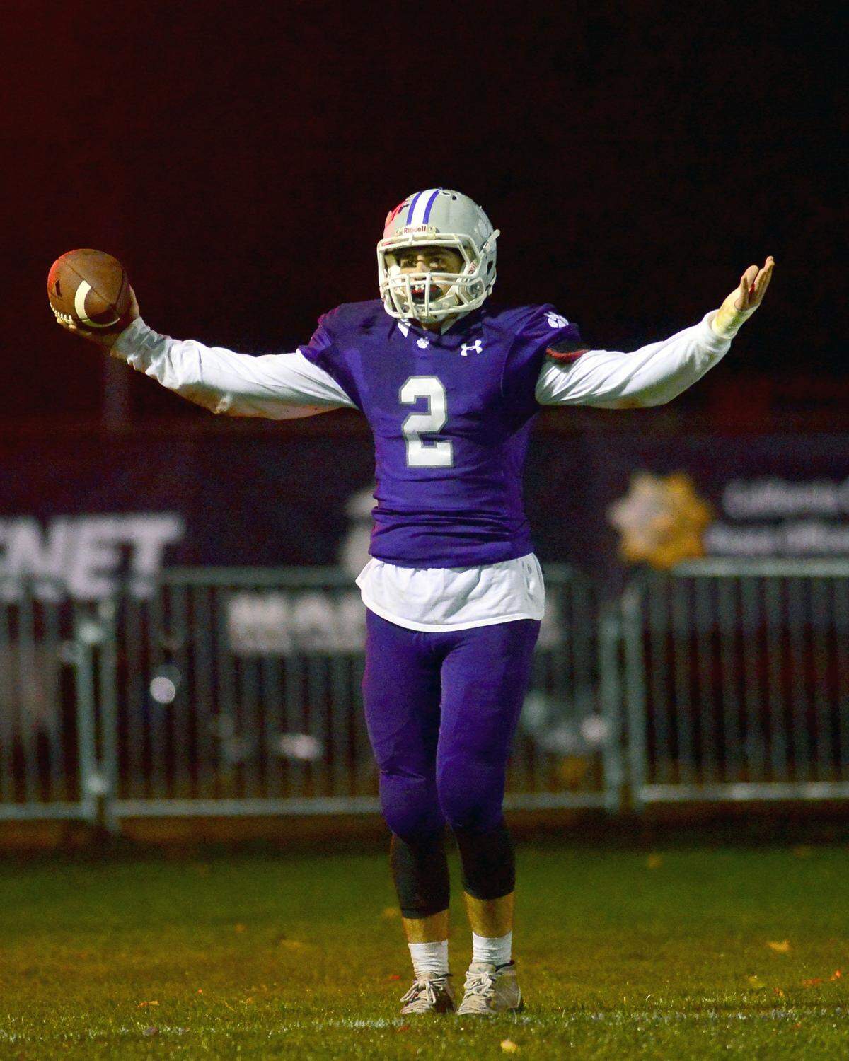 Denair’s Drew Pritchard (2) celebrates a touchdown during the CIF Division 7-AA championship game between Denair and Santee at Denair High School in Denair California on December 1, 2018.