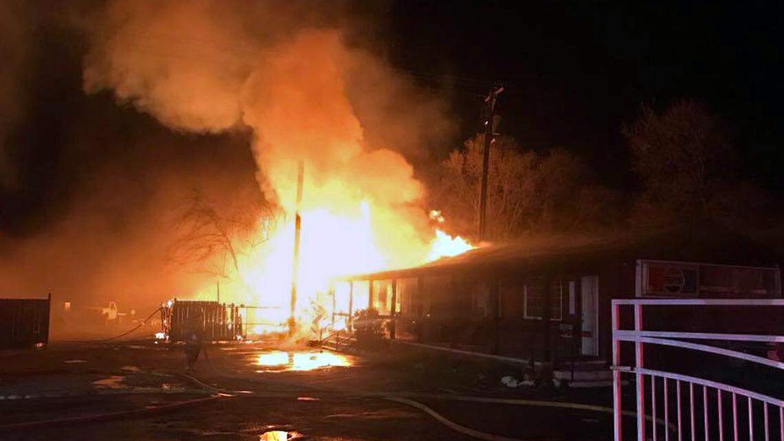 Rosalinda's Gentleman's Club, west of Jamestown, Calif. burned early Tuesday, March 13, 2018.