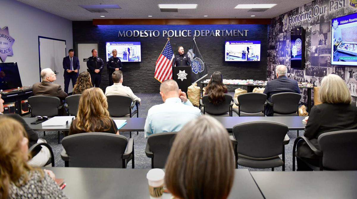 A photo of Modesto Police Department’s press conference on their operations regarding smokeshops in the Modesto area on Oct. 17, 2024.