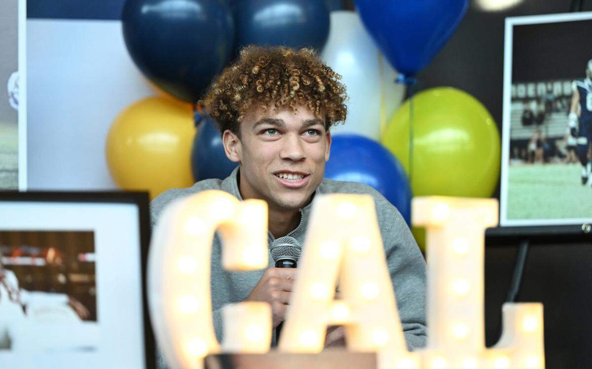 Central Catholic’s Brooklyn Cheek speaks during a National Signing Day ceremony at Central Catholic High School in Modesto, Calif., Wednesday, Dec. 20, 2023. Cheek signed to play football at the University of California.