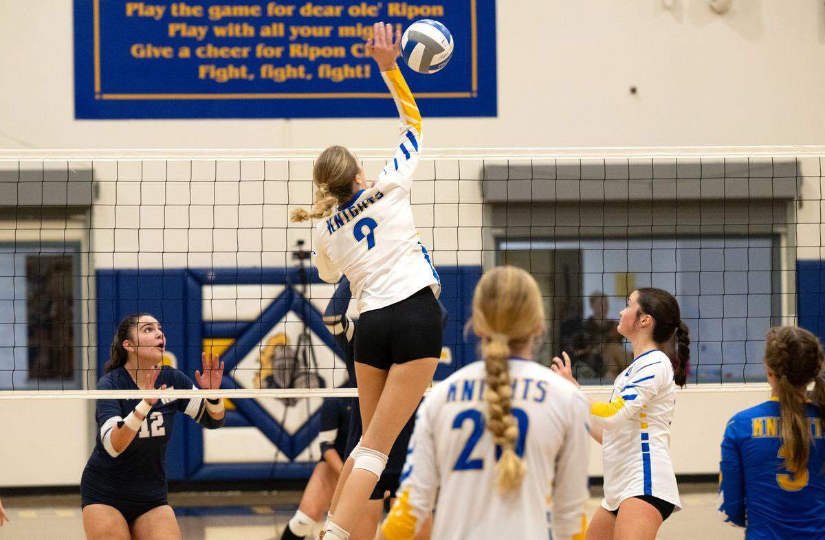 Ripon Christian’s Brynn Bohn drives the ball for a winner during the Sac-Joaquin Section Division III quarterfinal playoff match with Central Catholic at Ripon Christian High School in Ripon, Thursday, Oct. 31, 2024.
