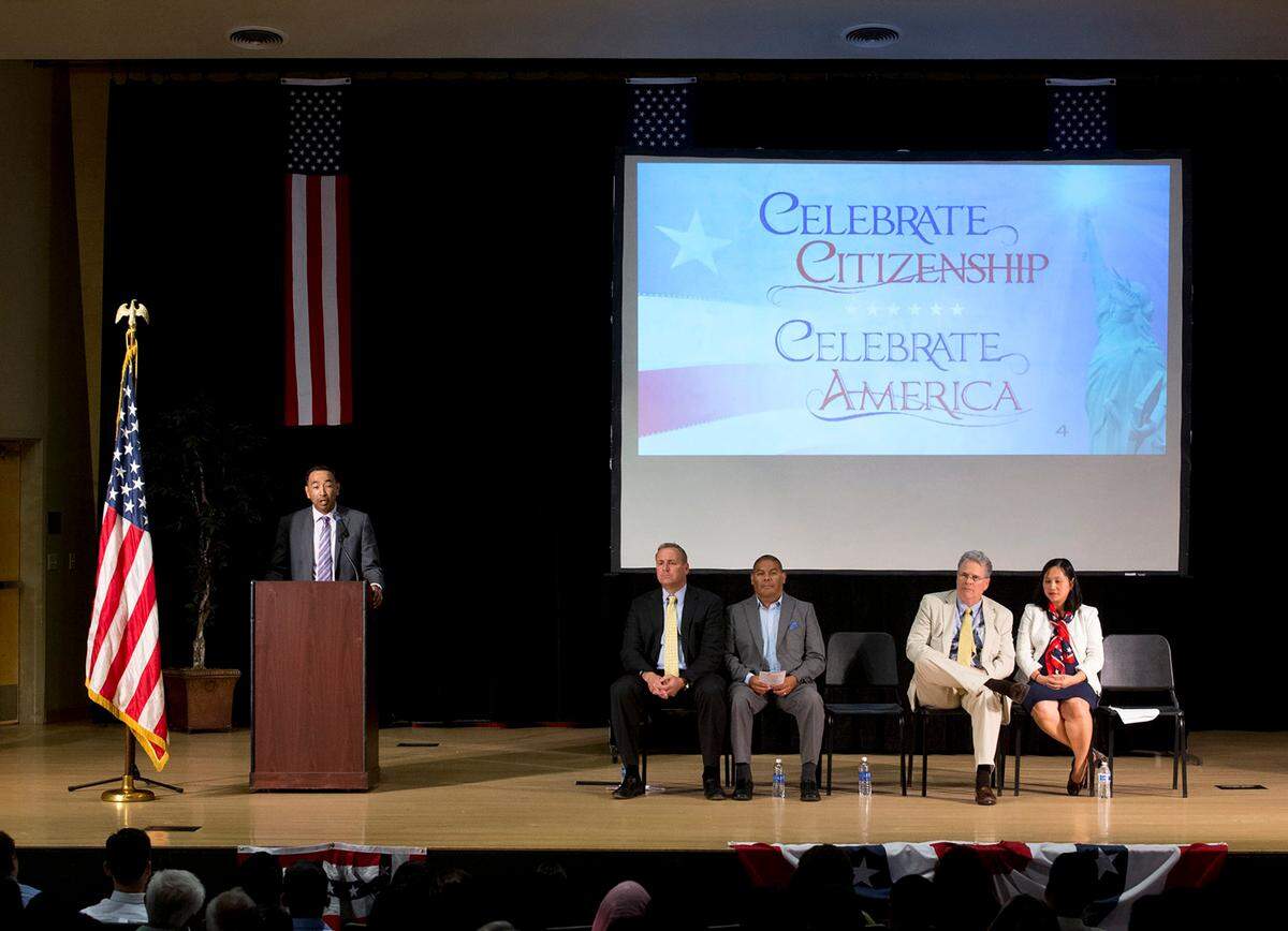 El Concilio CEO Jose Rodriguez gives the keynote address during a U.S. Citizenship and Naturalization Ceremony at California State University, Stanislaus in Turlock, Calif., on Wednesday, July, 1, 2015.