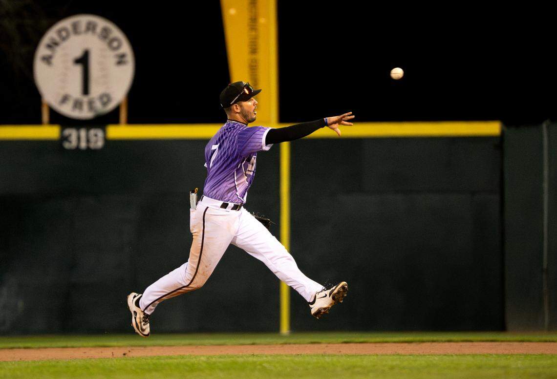 Modesto Nuts second baseman Austin St. Laurent throws out a runner during the game with San Jose at John Thurman Field in Modesto, Friday, April 4, 2025.