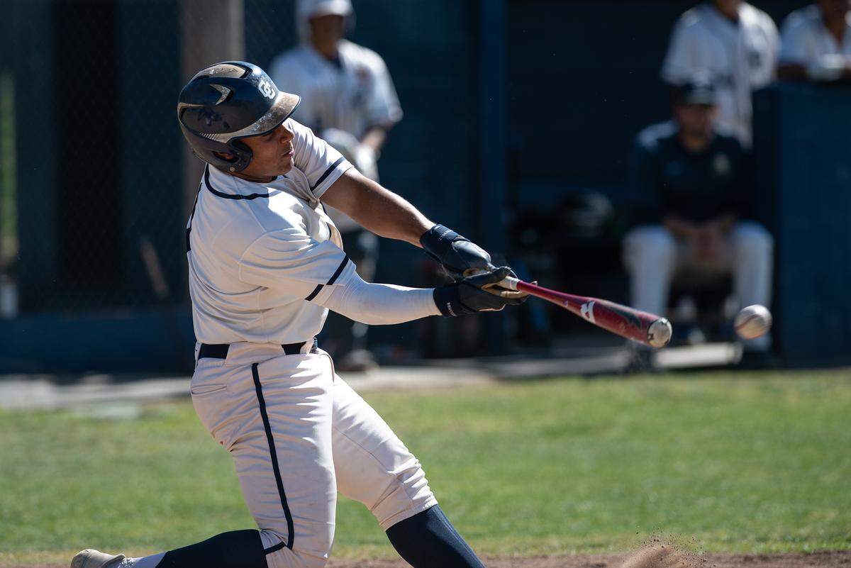 Central Catholic’s Aiden Taylor connects for a base hit during the CIF Sac-Joaquin Section Division III semifinal game with Vanden at Central Catholic High School in Modesto, Calif., on Wednesday, May 18, 2022.