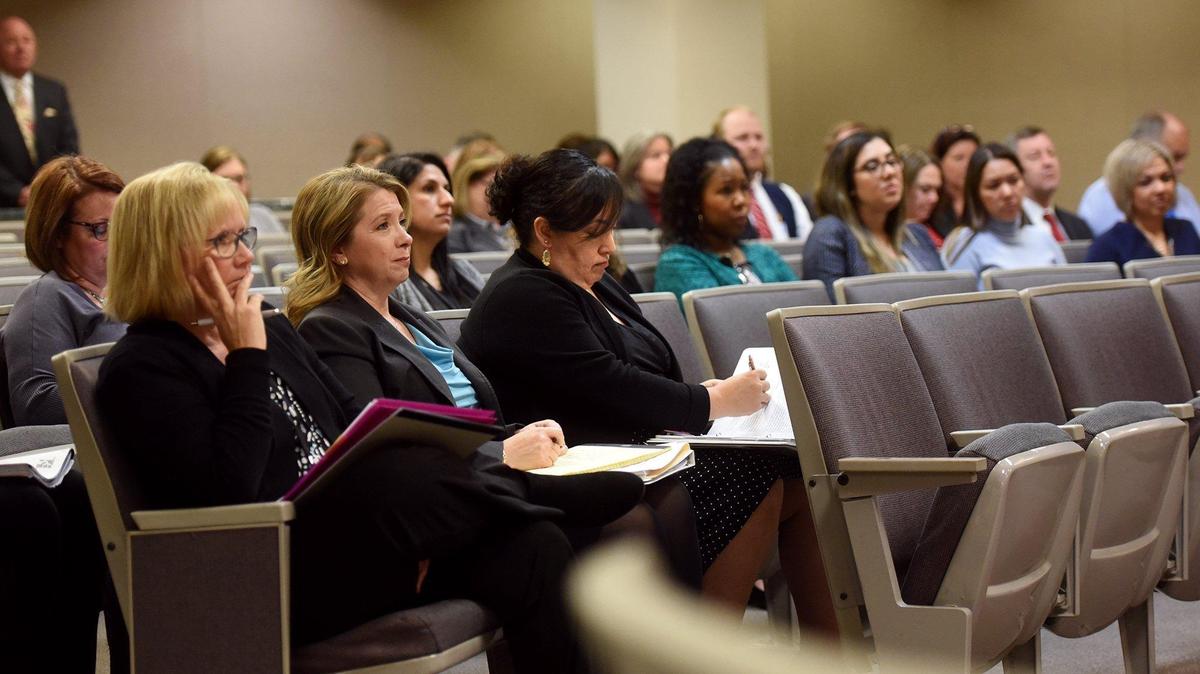 Audience members listen as the Stanislaus County board of supervisors chairman Terry Withrow gives the State of the County address on Tuesday morning March 5, 2019 in the basement chambers of Tenth Street Place in downtown Modesto, Calif.