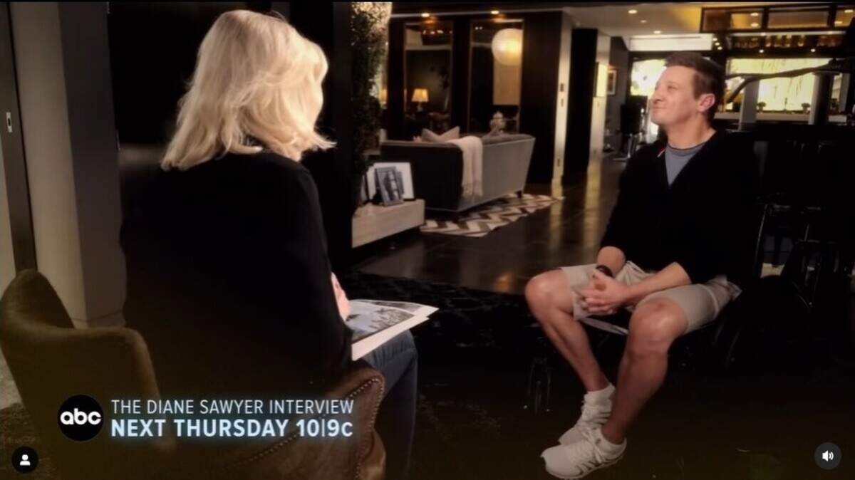 In this still from a promo clip, actor Jeremy Renner appears on ‘The Diane Sawyer Interview,’ airing Thursday, April 6, 2023.