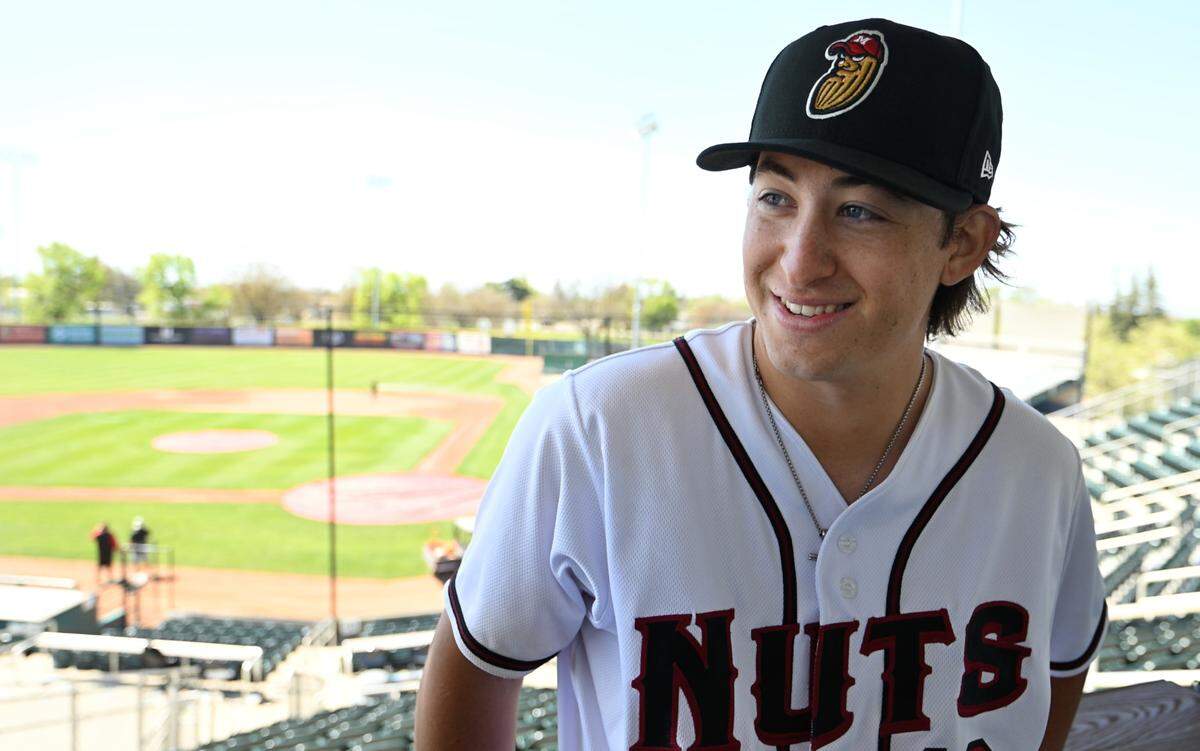 Modesto Nuts pitcher Tyler Gough during media day at John Thurman Field in Modesto, Calif., Tuesday, April 2, 2024.