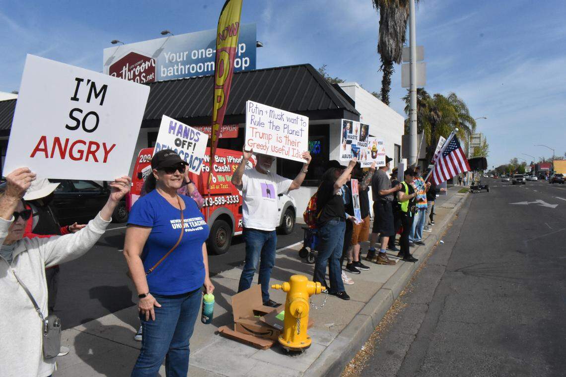 Several hundred people packed all the corners at the Five Points intersection in downtown Modesto on Saturday, April 5, for a Hands Off rally and march. It was part of a nationwide day of action to declare ‘Hands off’ to President Donald Trump and Elon Musk.