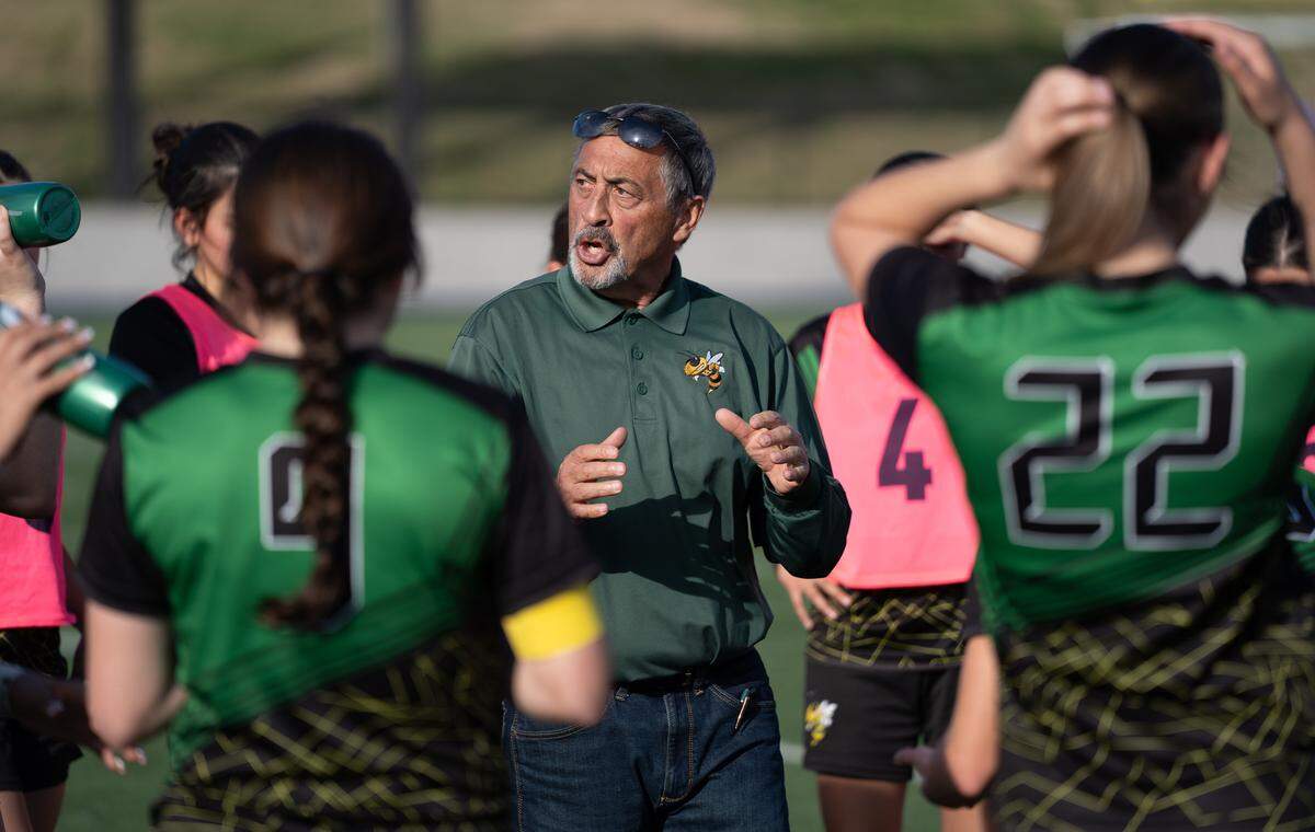 Hilmar girls soccer coach Guy Bettencourt talks to the team at halftime during the Sac-Joaquin Section Division 5 championship against Liberty Ranch on Saturday, Feb. 22, 2025 at Cosumnes River College.